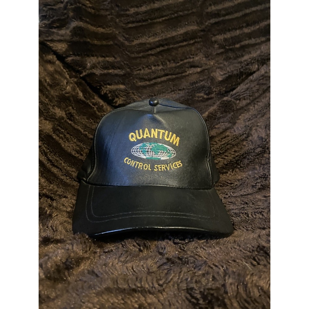 Vintage 90s Quantum Control Services Black Leather Promo Strapback Hat Globe